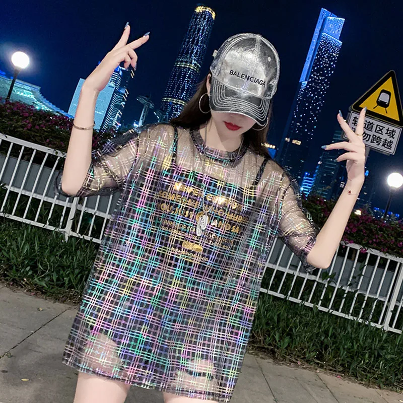 

Fashion Shiny Gradient Hollow Out T Shirt Women Mesh Sexy Transparent Summer Tops Ladies Short Sleeve Loose Two set T-Shirts