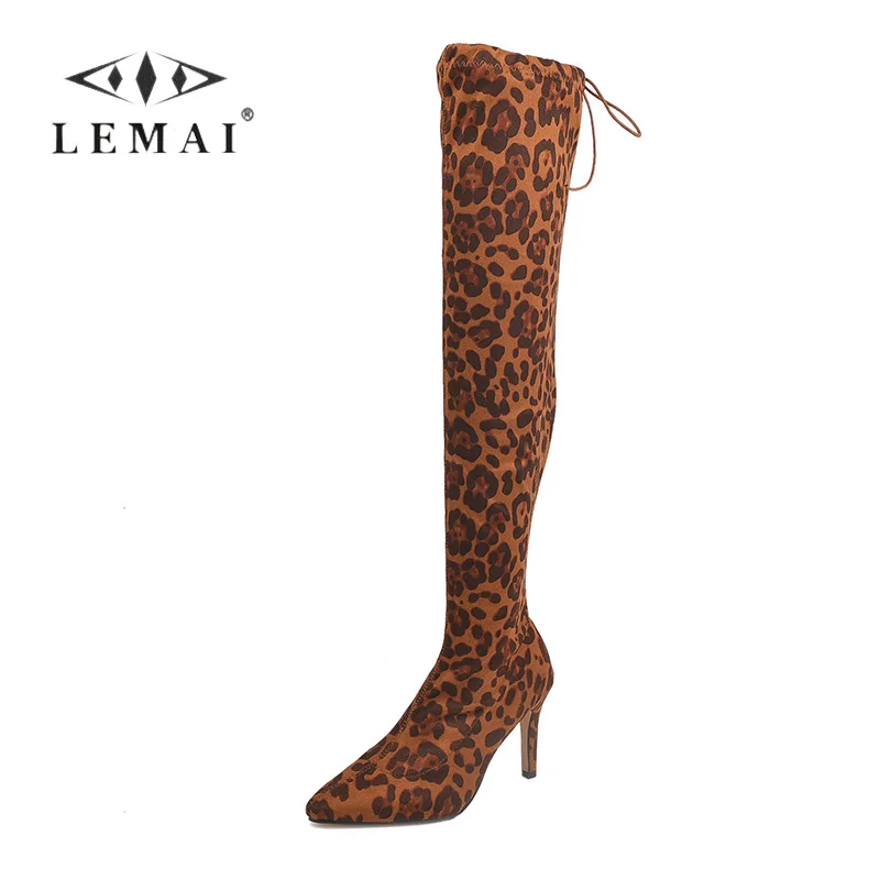 

Autumn Sexy Leopard Over-the-knee Boots for Women Lace-up Pointed Toe Stiletto Shoes Slip-on Plush Warm Boots Plus Size 35-43