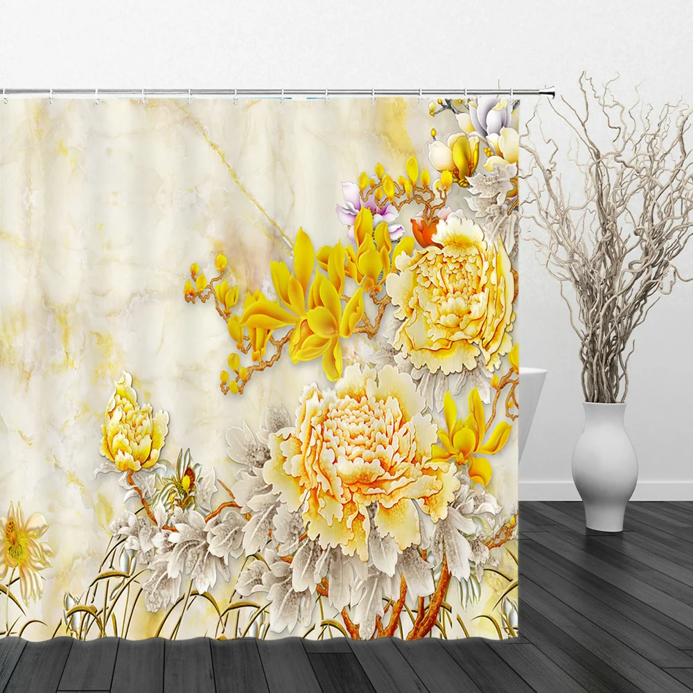 

3D Print Modern Flower Bird Shower Curtains Peony Lotus Fish Butterfly Bathroom Decor Waterproof Polyester Cloth Curtain Set