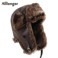 russian mens winter hat with earflaps ushanka 2021 warm pu leather earflap bomber hats faux fur snow cap aviator trapper caps