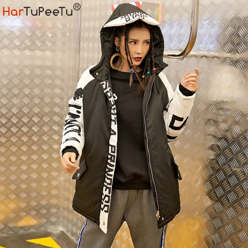 

Зимняя куртка для женщин 2020 теплое толстое хлопковое Стеганое пальто размера плюс с буквенным принтом и карманами в стиле хип-хоп Рок удлин...