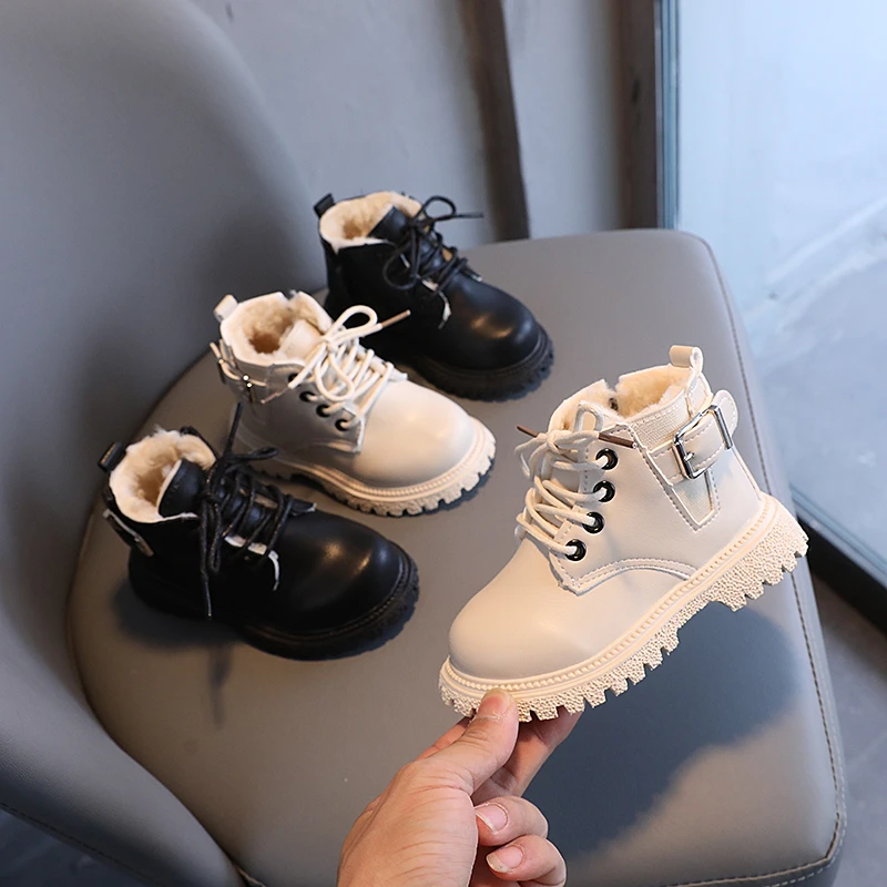 

Winter Children Ankle Boots Girls Leather Shoes Boys Plush Warm Martin Boots for Kids Waterproof Leather Shoes Baby Black Boots