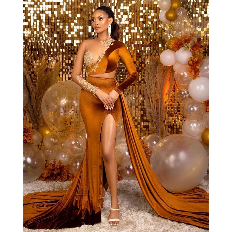 

Formal Evening Dresses Sexy Full Sleeves High Split Prom Dress Long High Neck Appliaued Lace Party Gowns Plus Size 2021 New