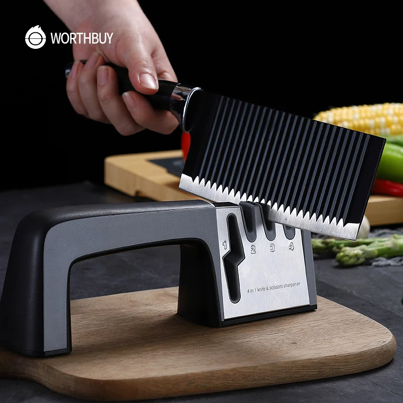 

WORTHBUY 4-в-1 точилка для ножей, нескользящая точилка для ножей с алмазным керамическим вольфрамовым камнем, кухонные точильные инструменты