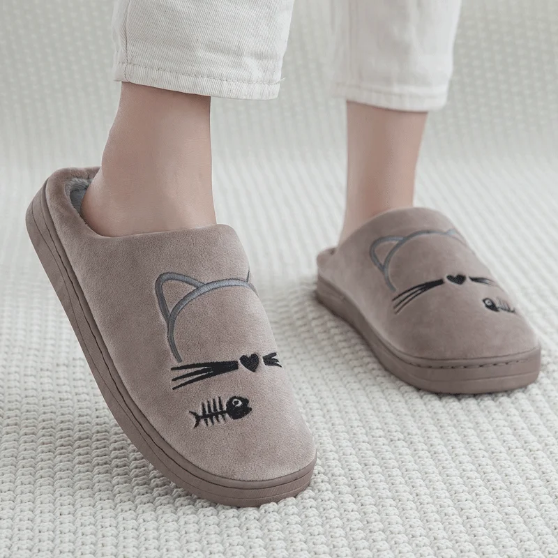 Coffee Women Winter Home Slippers Cartoon Cat Shoes Non-slip Soft Warm House Slippers Indoor Bedroom Lovers Couples Shoes - Цвет: Coffee