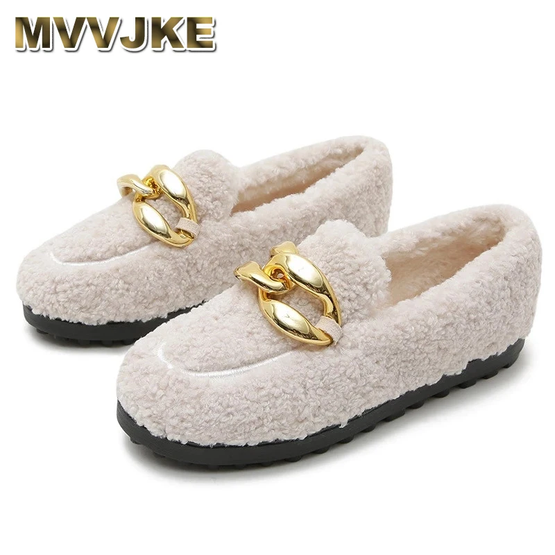 

MVVJKEMetal Chain lambswool moccasins woman fur flats fleeces ballerina cotton loafers warm plush pregnant shoes women big size