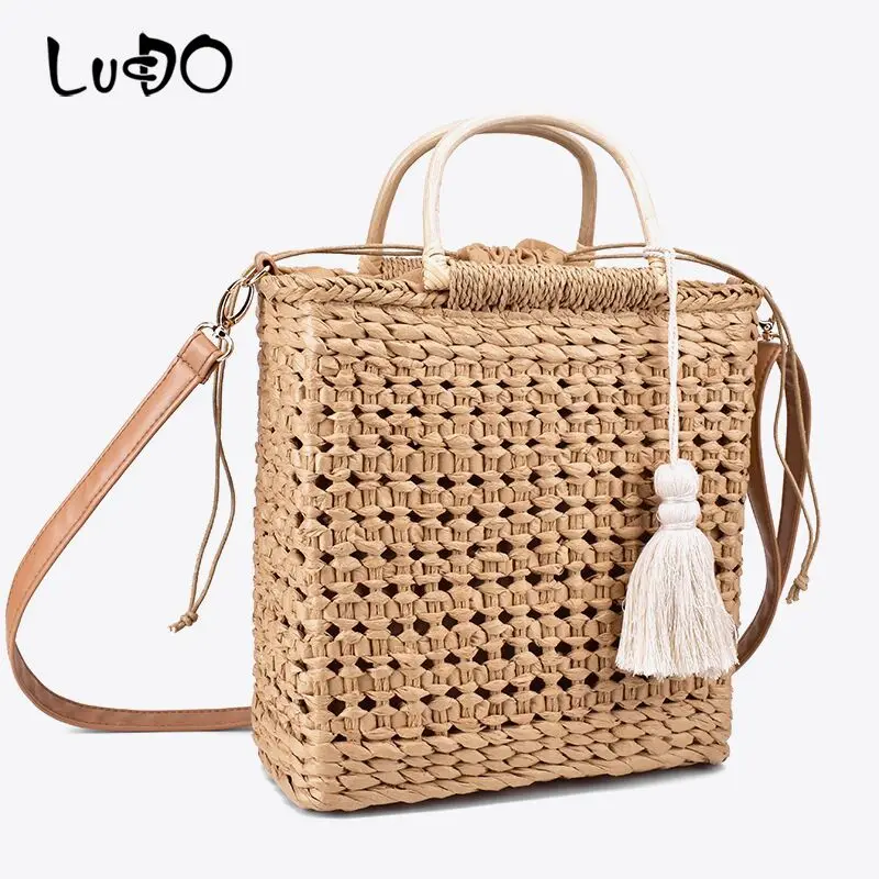 

Woven Straw Bag 2 Color Hollow Fringed Wooden Handle Natural Color Shopping Bag Woman Fashion Tassel Messenger Bag Handbag Sac