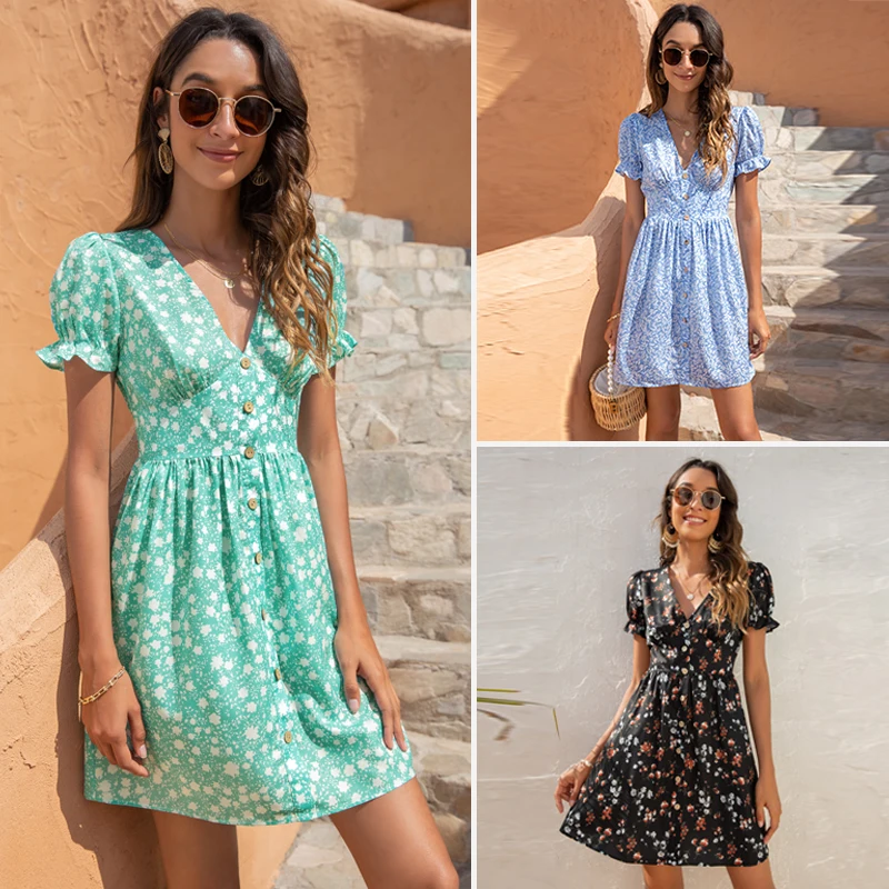 

Floral Printed Mini Dress Women Summer Boho Chiffon Dress V-neck Puff Sleeve A-line Slim Bohemian Ruffles Fashion Short Vestidos