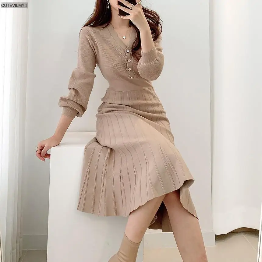 

Stretchy Elegant Women Single-breasted Sweater Dress 2020 Winter Warm Slim Waist Female Knitted Dresses A-line Vestidos Femme