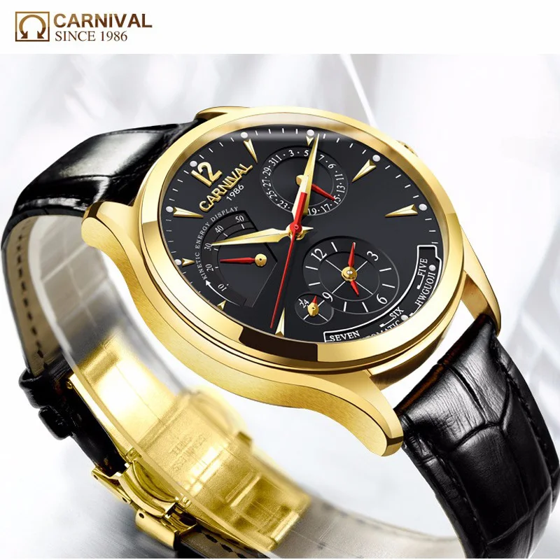 CARNIVAL Fashion Business Mens Watches Luxury Brand Gold Plated Case Waterproof Leather Strap 24 Hours Display Mechanical Watch