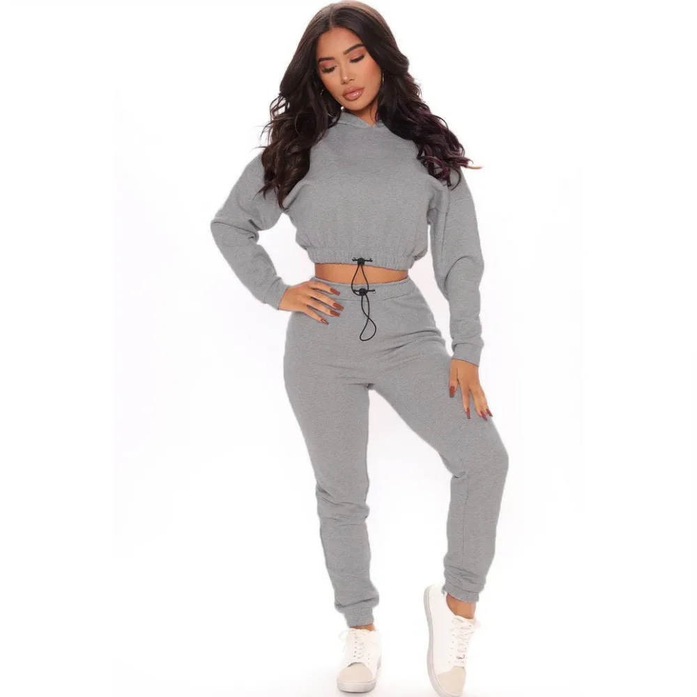 

2 Piece Set Women's Sports Suit 2021 New Women's Hoodie Sexy Leakage Pure Color Pull Rope Sports Leisure Fitness Running Suit