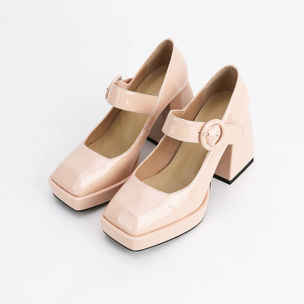 

Woman 2021 New Mary Janes Genuine Leather Platform Buckle Strap Black Pumps Retro Square Toe Shallow Lady Footwear