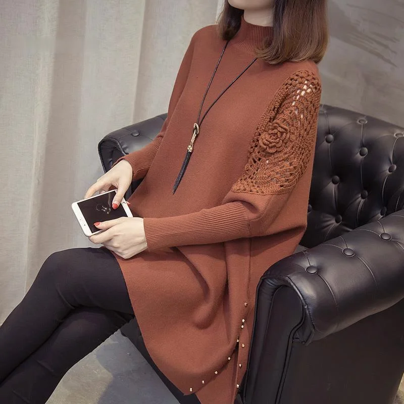 

Zoulv 2021 Spring Women's Half-high Collar Pullover Wrap Swing Beading Autumn and Winter New Loose Sweater Coat