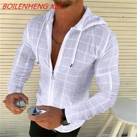 springtime fashion ventilate zipper men clothing solid color casual plaid open grid cardigan hooded shirt men