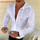 Весенняя модная вентилируемая мужская одежда на молнии, однотонная Повседневная клетчатая открытая Мужская рубашка с капюшоном