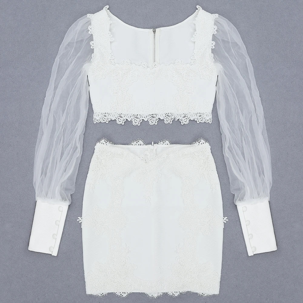 

2020 New Arrival women Sexy white lace v neck long sleeve Bodycon Celebrity Evening Party Bandage Dress wholesale