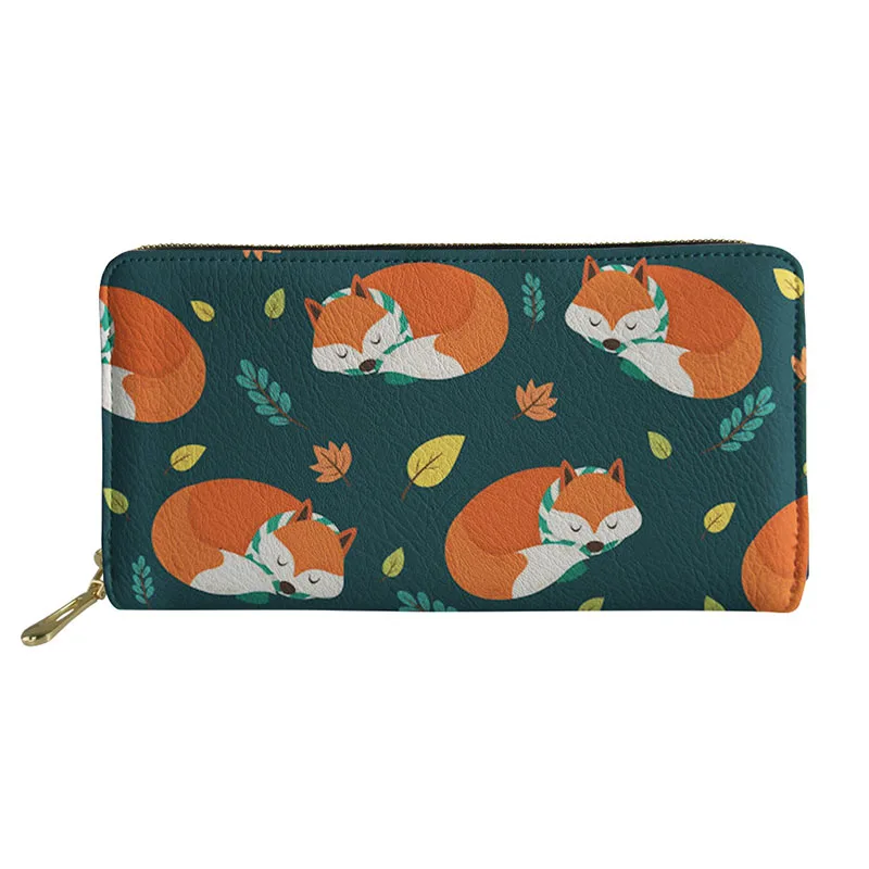 HYCOOL Sleep Fox Green Scarf Printing Women Money Bag Ladies Long PU Leather Purse Casual Wallet Phone Card Holder Clutch Pouch