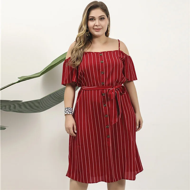 

Dresses Large Size for Women Spaghetti Strap Casual Striped Knee-Length Skirt Short Sleeves Slash Neck