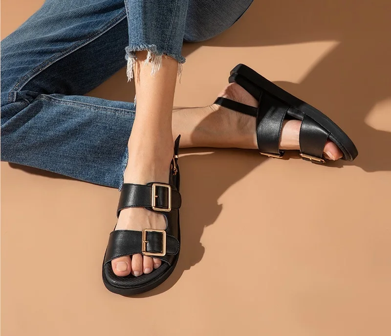 

Sandals Women Genuine Cow Leather Metal Detailed Ankle Buckle Strap Summer Beach Ladies Low Heel Shoes Handmade Free Shipping