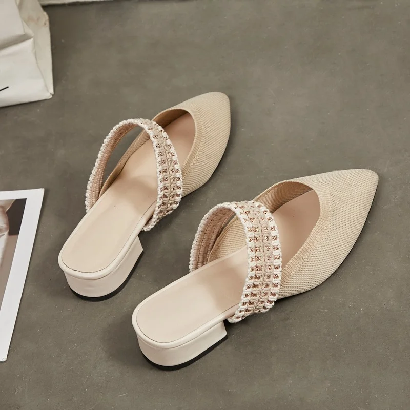 

comemore New Women Slippers Spring Summer Weave Elastic Band Shoes Woman Mules Shoes Pointed Half Slippers Square Heel Outside