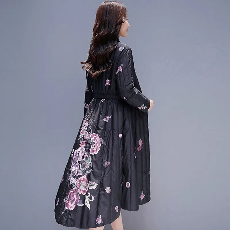 

Elegant Skirt Chinese Style Printed Winter Thick Warm Outwear Coats Medium Length Stand Collar Slim Female Parkas Plus Size 4XL