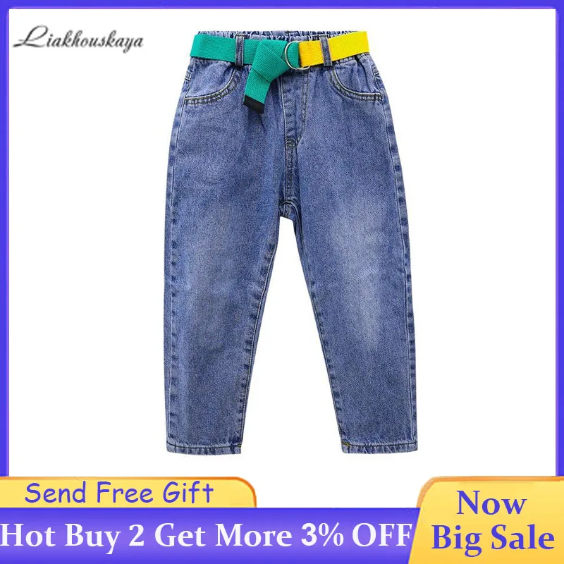 Джинсы для девочек теплые модные брюки с эластичным поясом на весну и осень 2020
