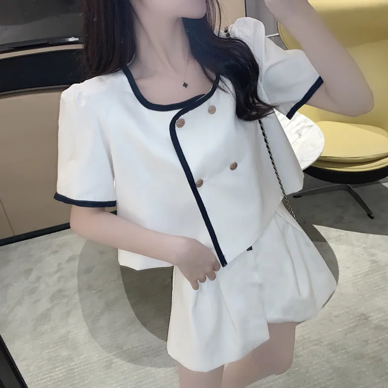 

Small Fragrance Pant Suits Summer Loose Two Piece Set Women Crop Top Short Sleeve Shirt + Wide Leg Shorts Suits Casual 2pcs Sets