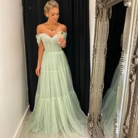 elegant tulle long prom dresses pleats off the shoulder backless light green a line formal evening party vestidos de fiesta