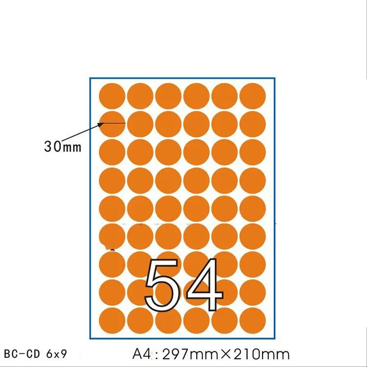 50 Sheet A4 Round Orange Sticker Laser & Inkjet Printing Label Blank Self Seal for Printers  10/16/20/30/50mm A4 sheet stickers