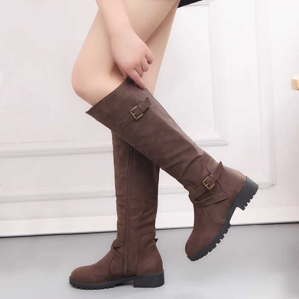 Зимние женские сапоги до колена Сапоги из искусственной кожи на молнии с низким