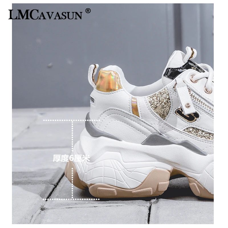 LMCAVASUN/блестящие женские кроссовки; модные zapatillas mujer; Повседневная дышащая обувь из натуральной кожи; женские кроссовки на массивном каблуке; chaussure