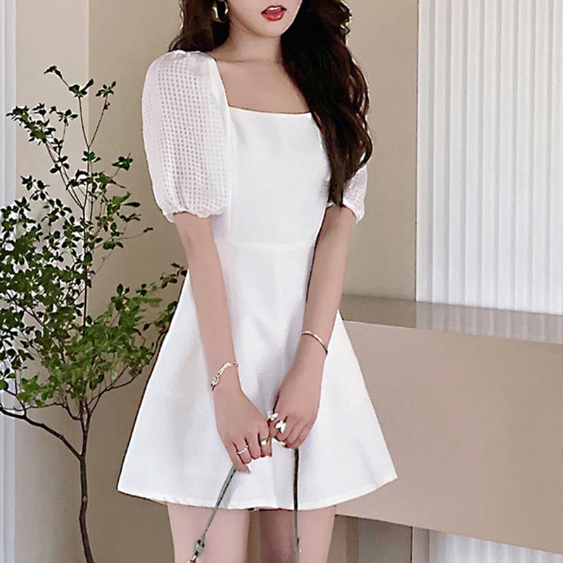 

Summer Solid Color Holiday Casual Wide Leg Jumpsuits Square Neck Puff Sleeve Waist Splicing Rompers Loose Beach Short Playsuits