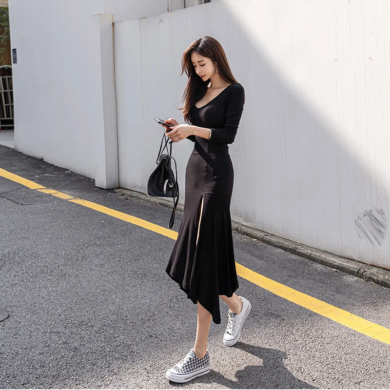 Женское длинное платье-макси с длинным рукавом и круглым вырезом | Женская одежда