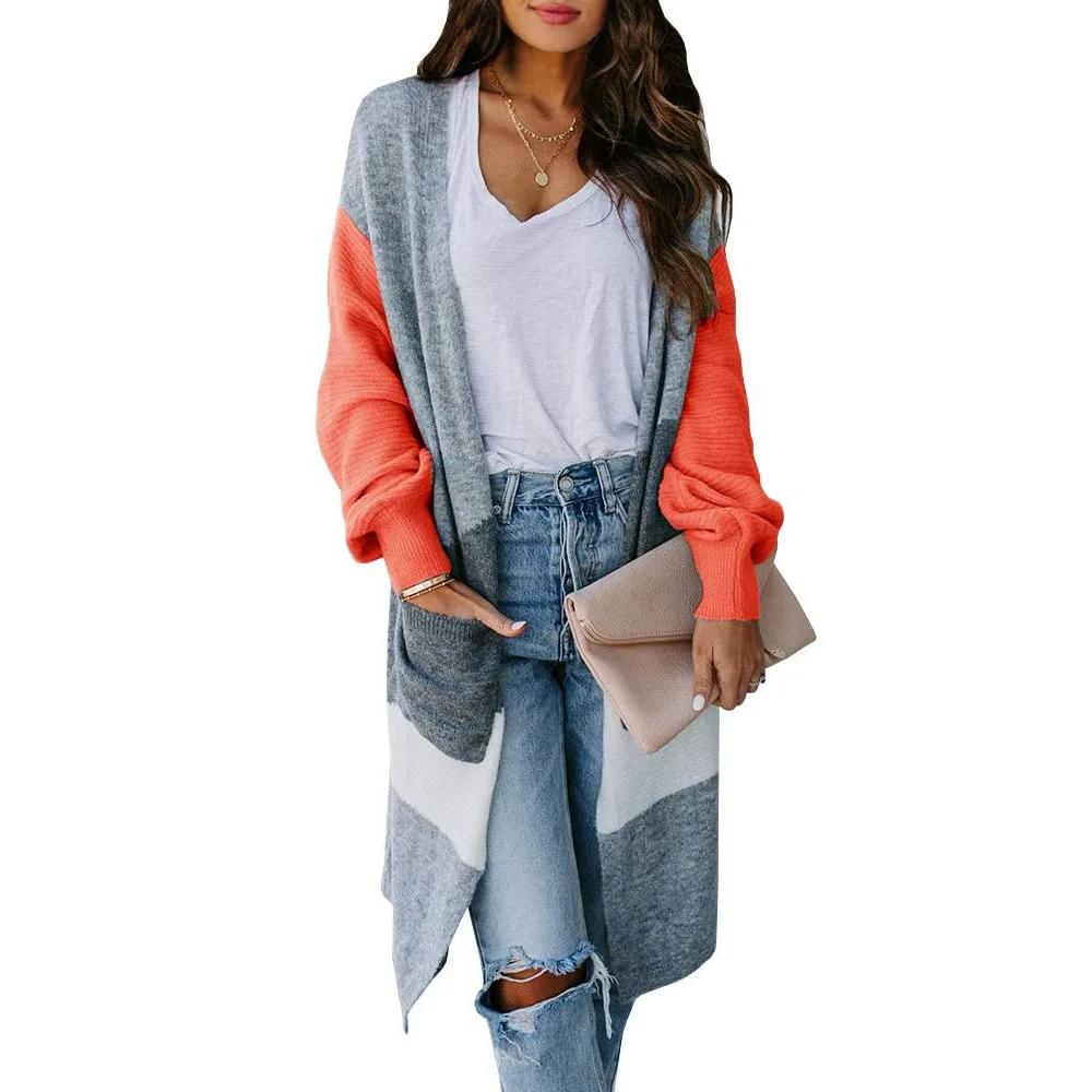 

Вязаный кардиган, новинка осень/зима 2020, кардиган контрастных цветов с длинными рукавами-фонариками в европейском и американском стиле, жен...