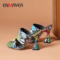 enmayer 2020 pu serpentine animal prints elegant slippers summer outside women shoes square high heels shallow women slides