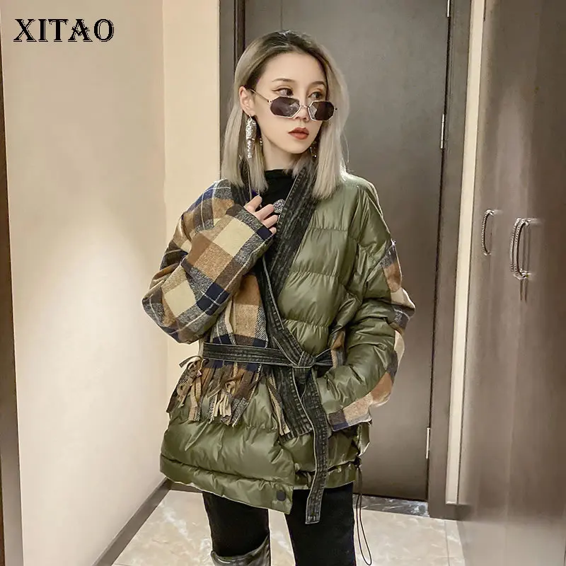 XITAO Лоскутные женские парки в клетку с кисточками 2019 Зимняя Повседневная парка