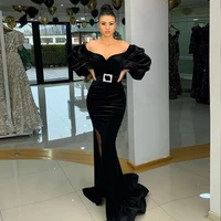 black arabic mermaid evening dresses off shoulder long puffy sleeves side slit party prom gown with belt 2021 dubai sweep train