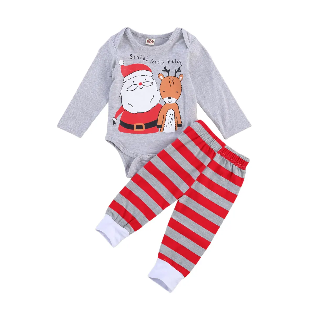 

0-18M Autumn Baby Boy’s Clothes Cartoon Christmas Print Long Sleeve Jumpsuit and Stripe Elastic Long Pants 2PCS Outfit