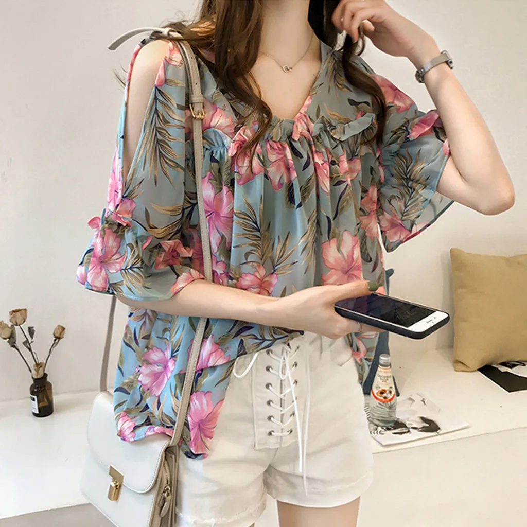 Женская блузка с оборками коротким рукавом и открытыми плечами|Блузки| |