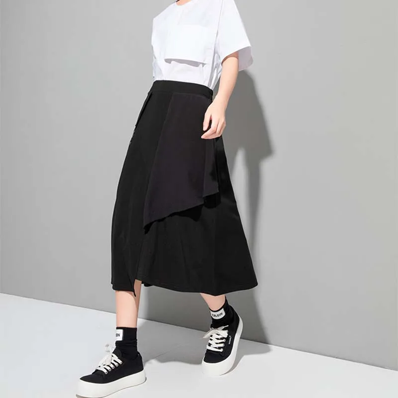 

Лето 2021, новинка, корейский стиль, однотонная универсальная юбка до середины икры с ремнем, модная офисная Женская юбка неправильной формы с...