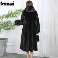 nerazzurri winter black long warm thick fluffy faux fur coat with hood long sleeve elegant luxury skirted fake mink fur overcoat