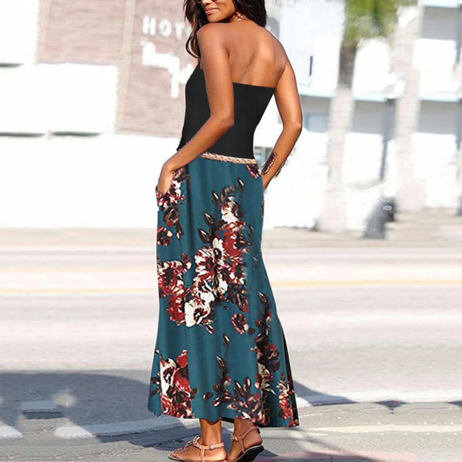 

2021 Women Sexy Off-shoulder Dress Fashion Printed Tops Skirt Set Summer Casual New Wrapped Chest Pocket Long Straight Dress