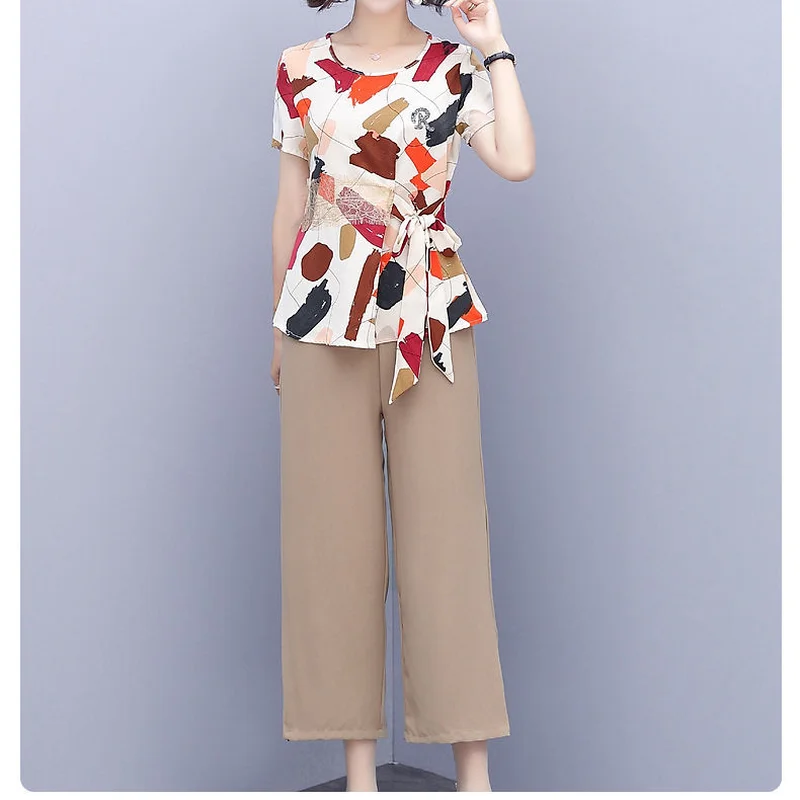 

Summer New Middle-aged Women Fashion Elegant Suit Short Sleeve Top + High-waist Wide Leg Pants Casual Wear Two Pieces Set Y887