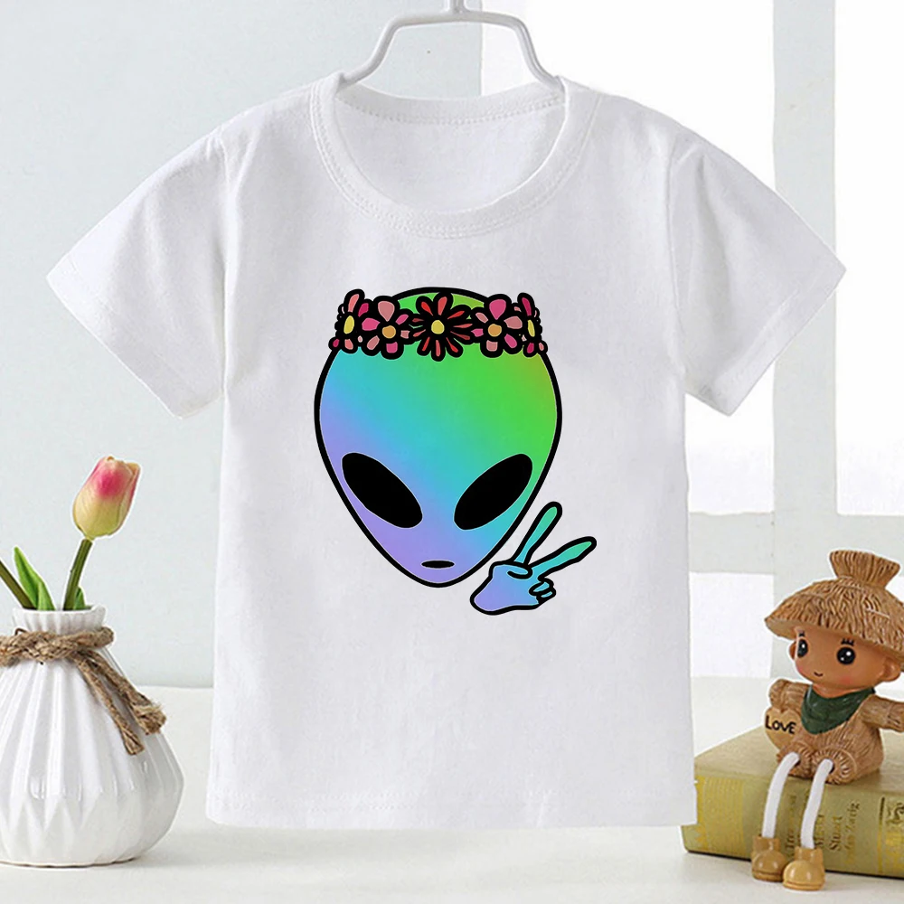 

Funny Alien Novelty Style Kids Shirt Summer 2021 Casual White Basic Tee Boys Street Clothes Personalized Edgy Children's T-shirt