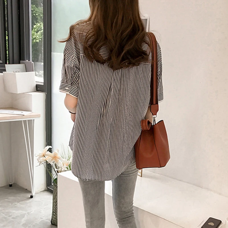 

CHICEVER Striped Shirt For Women Lapel Short Sleeve Loose Fake Two Pieces Hit Color Blouses Females Clothing 2021 Summer Fashion
