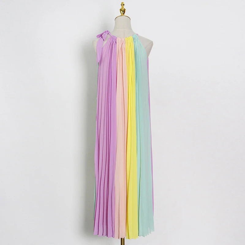 

Loose Pleated Hit Color Dress For Women O Neck Sleeveless Patchwork Casual Dresses Female New Clothing 2021 Fashion