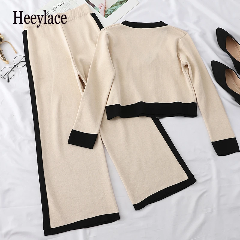 

Knitted Two Piece Set Women V Neck Pullovers elastic Waist Pants 2020 Autumn Fashion Outfits Korean Ropa Mujer