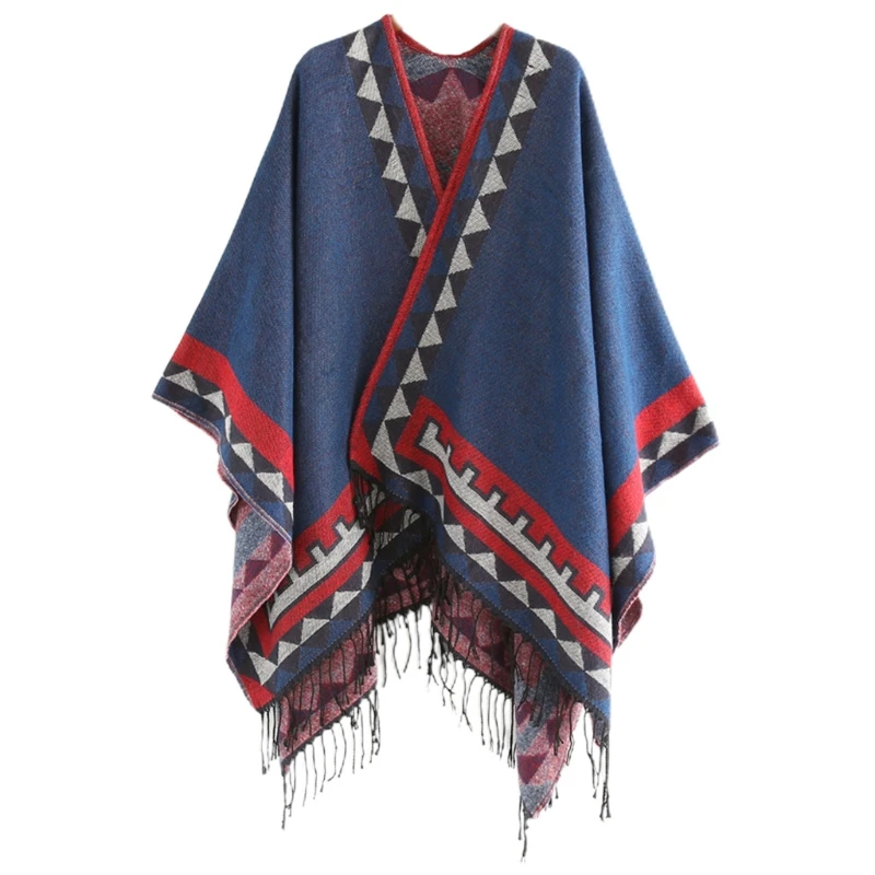 

Women Winter Tassel Poncho Cape Vintage Colorful Striped Blanket Shawl Cardigan M5TE