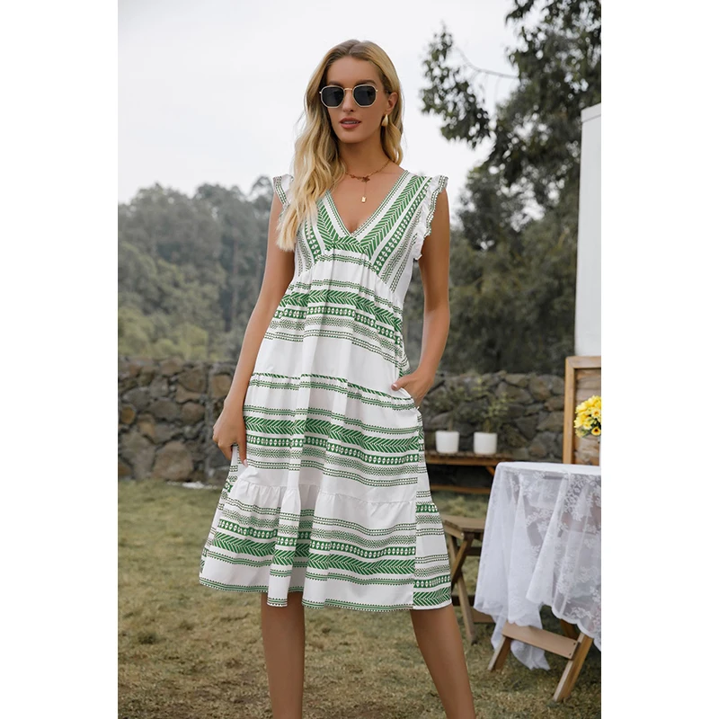 

Bohemia Women Fashion Ruffled Sleeve Striped Dress Lady Temperament Dresses With Pocket Elegant Sleeveless Vestidos Streetwear