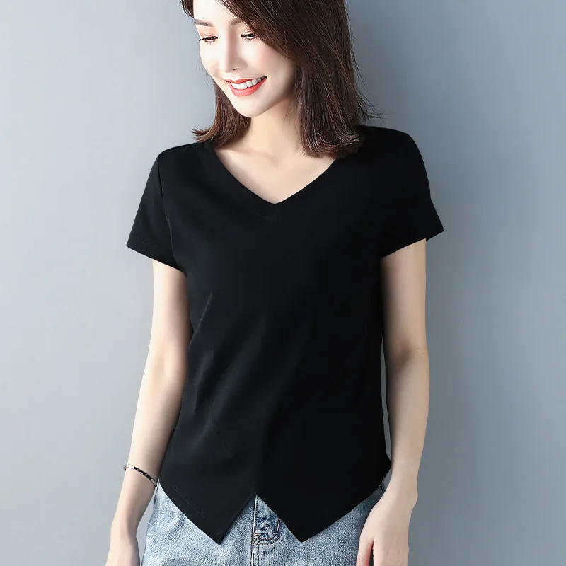 

Women Soft Cotton T-shirt V-NECK Solid color Lady Tees Short Sleeve Summer Women's clothings All match Female T-shirts